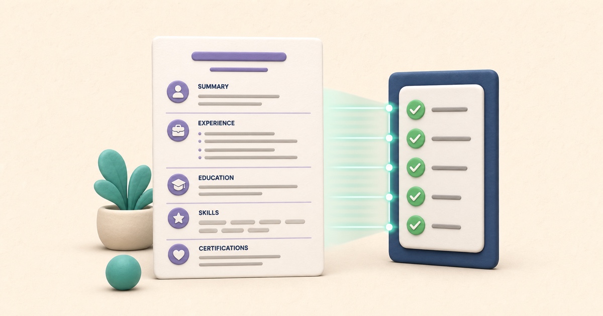 Illustrated single-column CV being read successfully by a checklist-style parser