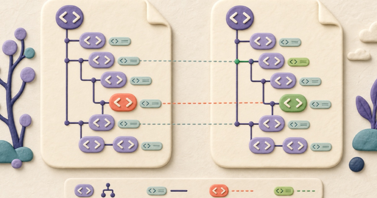 Illustrated XML element trees aligned across two documents with changed nodes highlighted
