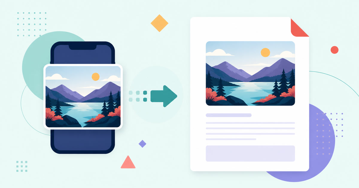 Illustrated HEIC phone photo being placed cleanly onto a PDF page