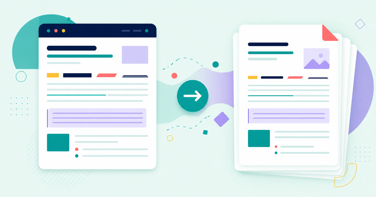 Illustrated rich text document with styled lines transforming into a PDF