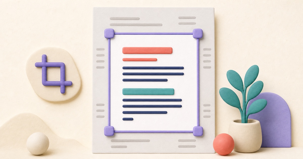Illustrated PDF page with an adjustable crop frame removing excess margins