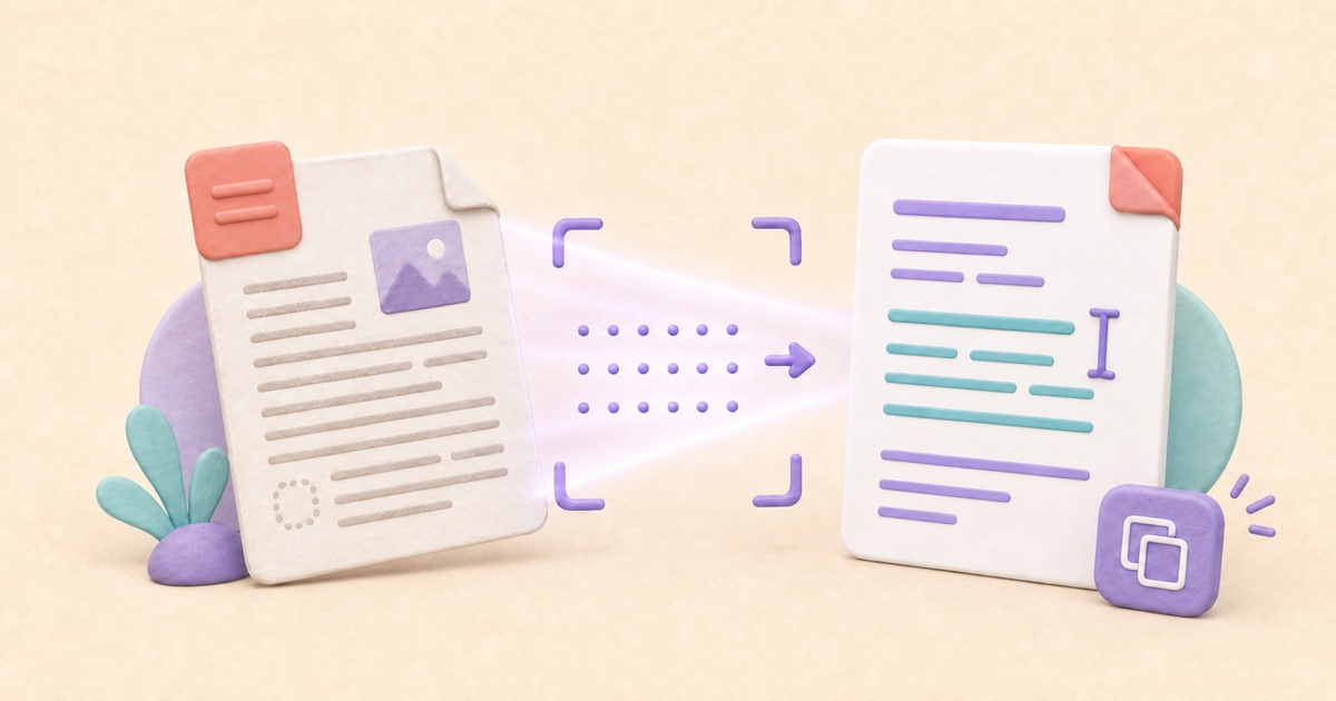 Illustrated PDF page passing through optical character recognition into an editable plain-text document