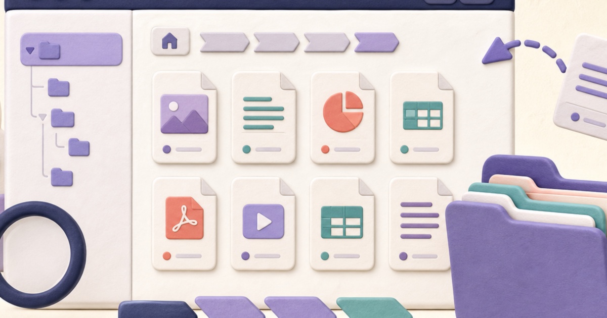 Illustrated file explorer with folders, document cards, search, and move controls