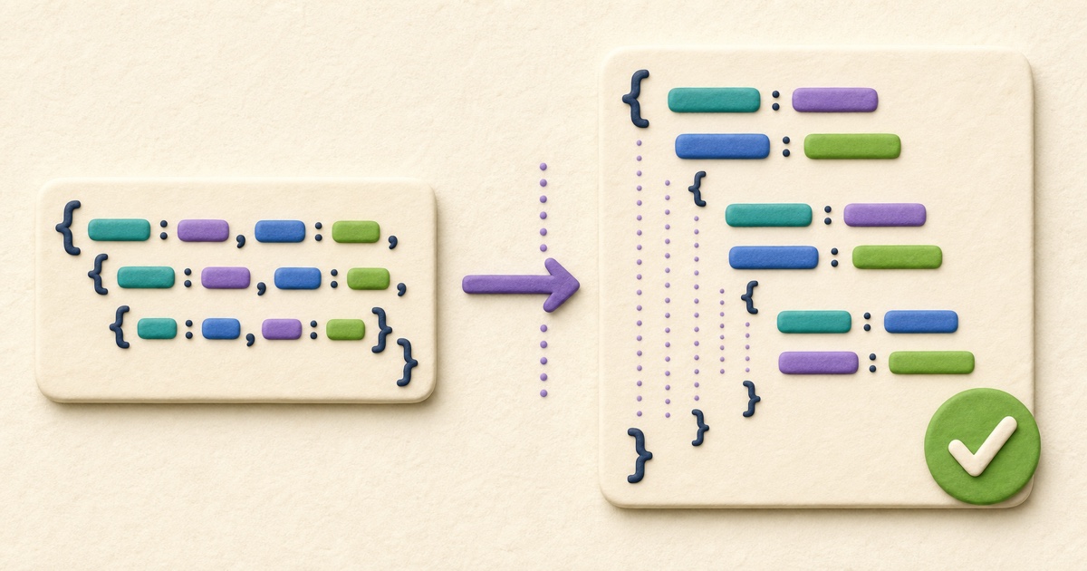 Illustrated compact JSON transforming into clean indented JSON with a validation check