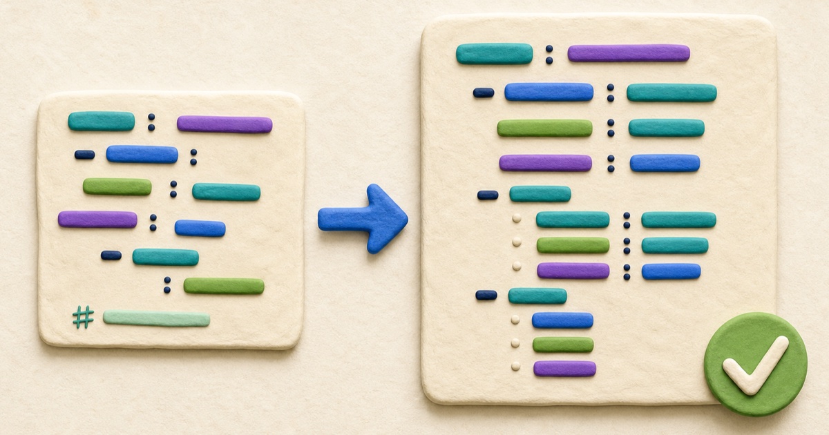 Illustrated uneven YAML configuration becoming consistently indented YAML with comments and a validation check