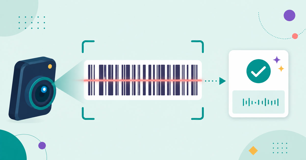 Illustrated camera guide reading a linear barcode into a result card