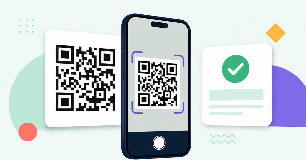 Illustrated phone camera reading a QR code with a decoded result card