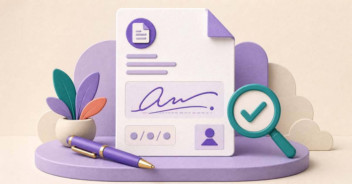 Illustrated PDF document with a visible signature, initials, and date being checked before sharing